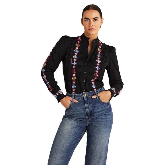 Boden Tops - Boden Shirt Women 18 Black Embroidered Ruffled High Neck Button Down Top Preppy